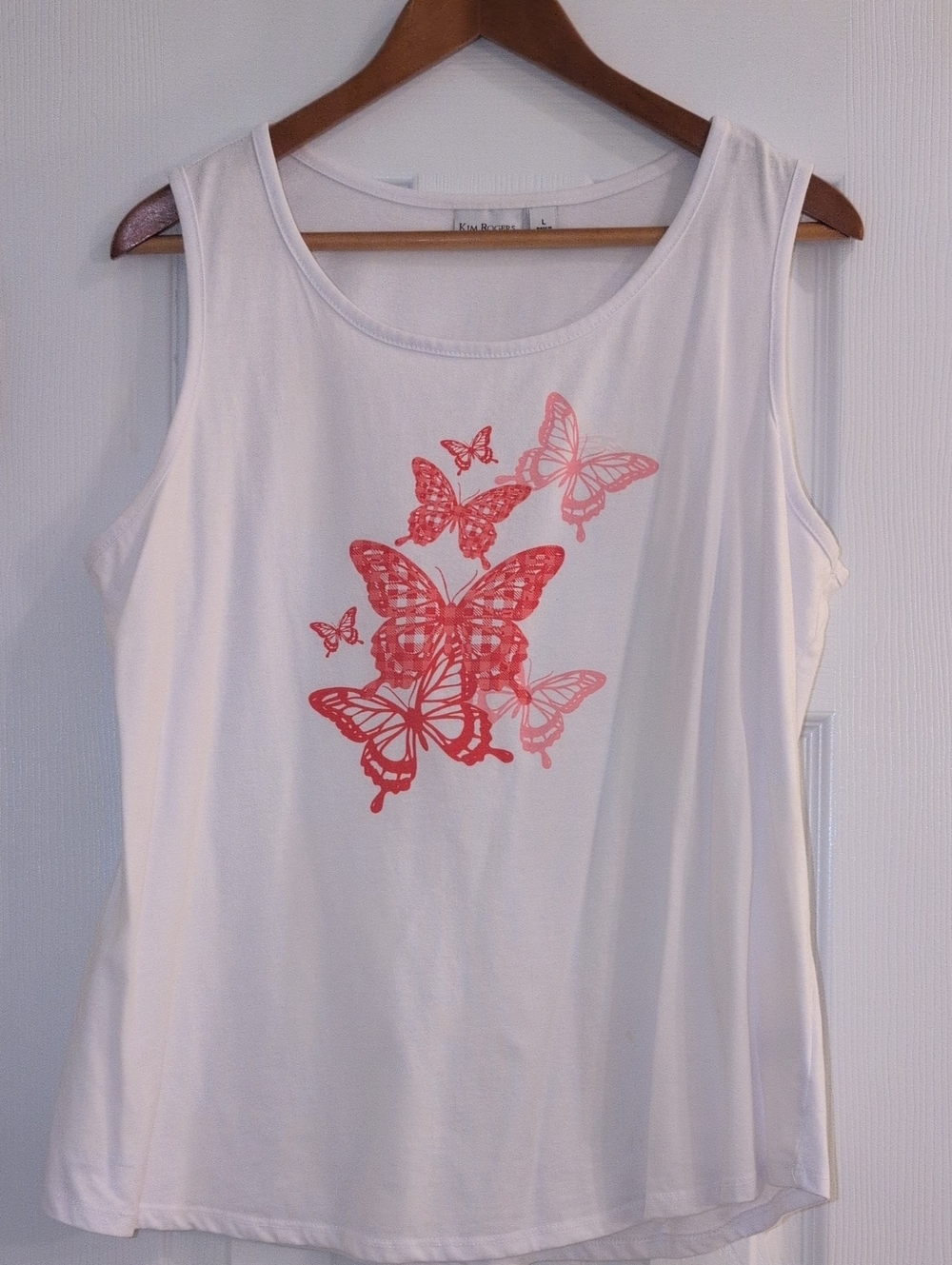 Kim Rogers White Tank Top with Coral Butterfly Print